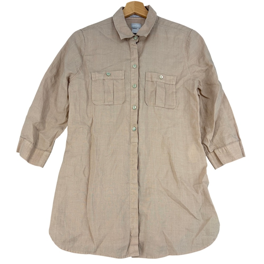 Chicos No Iron 100% Linen Tunic Shirt Tan Beige 00 (US 2) Button Up Pocket 3/4